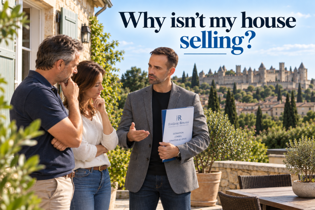 Frédéric Renzini discusses a house sale with homeowners in Carcassonne