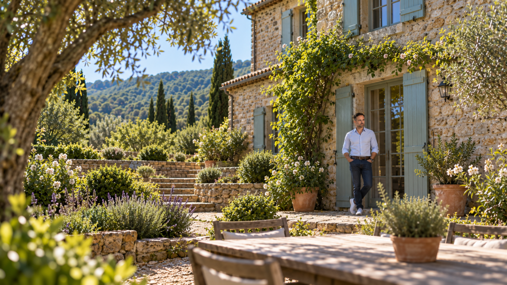 Illustration de Frédéric Renzini devant une maison en pierre et un jardin évoquant la Montagne Noire
